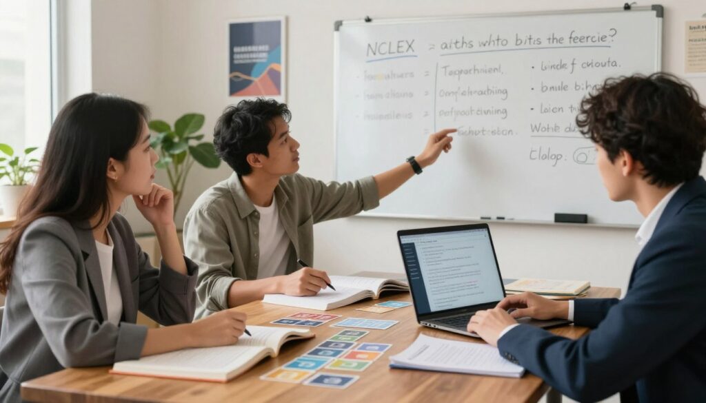 A serene study environment focused on effective test-taking strategies for the NCLEX, featuring a diverse group of three individuals (one woman in professional attire, one man in modest casual clothing, and one non-binary person dressed professionally) engaged in collaborative study. In the foreground, a wooden table is covered with textbooks, flashcards, and a laptop displaying practice questions. In the middle, the group is actively discussing, with one participant gesturing towards a large whiteboard filled with calming techniques and study tips. The background shows a well-lit room with plants and motivational posters on the walls, creating a warm and inviting atmosphere. Soft, natural lighting enhances the focus on teamwork and stress management, while a slight depth of field highlights the participants' expressions of determination and calmness. A serene study environment focused on effective test-taking strategies for the NCLEX, featuring a diverse group of three individuals (one woman in professional attire, one man in modest casual clothing, and one non-binary person dressed professionally) engaged in collaborative study. In the foreground, a wooden table is covered with textbooks, flashcards, and a laptop displaying practice questions. In the middle, the group is actively discussing, with one participant gesturing towards a large whiteboard filled with calming techniques and study tips. The background shows a well-lit room with plants and motivational posters on the walls, creating a warm and inviting atmosphere. Soft, natural lighting enhances the focus on teamwork and stress management, while a slight depth of field highlights the participants' expressions of determination and calmness.