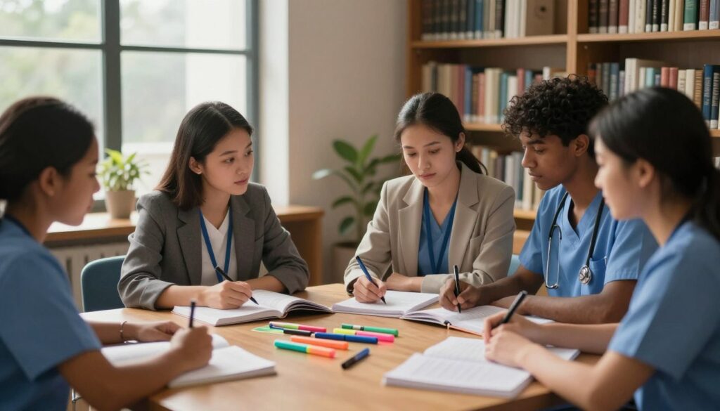 A serene study environment focusing on a diverse group of nursing students working together to break down study material for their NCLEX exam. In the foreground, a well-organized study table is cluttered with colorful highlighters, textbooks, and notes. In the middle ground, three students—two women and one man—are engaged in discussion, dressed in professional business attire, with expressions of concentration and support. Soft natural light streams through a large window, creating a warm and inviting atmosphere. The background reveals a cozy library filled with bookshelves, contributing to a peaceful, studious ambiance. The overall mood is one of collaboration and wellness, reflecting the importance of teamwork and focused study to prevent burnout.
