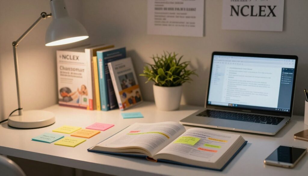 A serene study environment for NCLEX preparation, featuring a comfortable desk with an open textbook displaying key nursing concepts. In the foreground, a neatly organized desk with colorful sticky notes highlighting important content areas like pharmacology, fundamentals, and patient care. A warm, soft light from a desk lamp casts a gentle glow, creating an inviting atmosphere. On a nearby bookshelf, study guides and reference books are arranged harmoniously, while a laptop shows a study session in progress. In the background, a calming wall with inspirational nursing quotes and a potted plant adds a touch of greenery. The scene evokes focus and motivation, perfect for studying nursing topics effectively. A serene study environment for NCLEX preparation, featuring a comfortable desk with an open textbook displaying key nursing concepts. In the foreground, a neatly organized desk with colorful sticky notes highlighting important content areas like pharmacology, fundamentals, and patient care. A warm, soft light from a desk lamp casts a gentle glow, creating an inviting atmosphere. On a nearby bookshelf, study guides and reference books are arranged harmoniously, while a laptop shows a study session in progress. In the background, a calming wall with inspirational nursing quotes and a potted plant adds a touch of greenery. The scene evokes focus and motivation, perfect for studying nursing topics effectively.