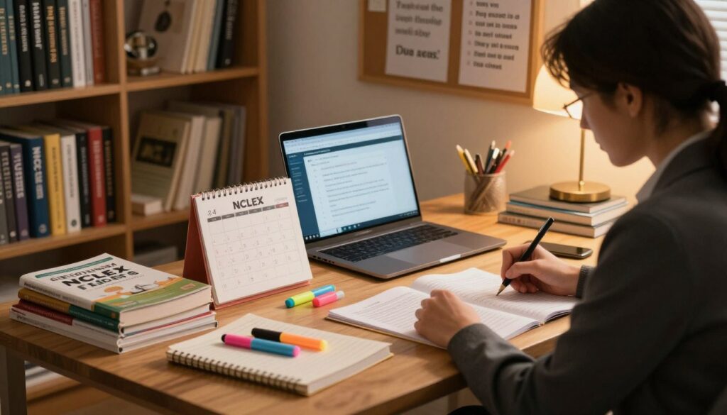 A serene study environment for NCLEX preparation, featuring a well-organized wooden desk with neatly arranged textbooks, highlighters, and a calendar prominently displaying a study schedule. In the foreground, a focused individual in professional business attire is diligently reviewing notes, surrounded by a soft glow of warm, ambient lighting that creates an inviting atmosphere. The middle ground showcases shelves filled with nursing reference books and a laptop displaying an NCLEX practice test. In the background, a bulletin board adorned with motivational quotes and study tips adds a personal touch. The overall mood is one of determination and productivity, captured from a slightly angled perspective to highlight the workspace's depth and the subject's engagement in study materials.
