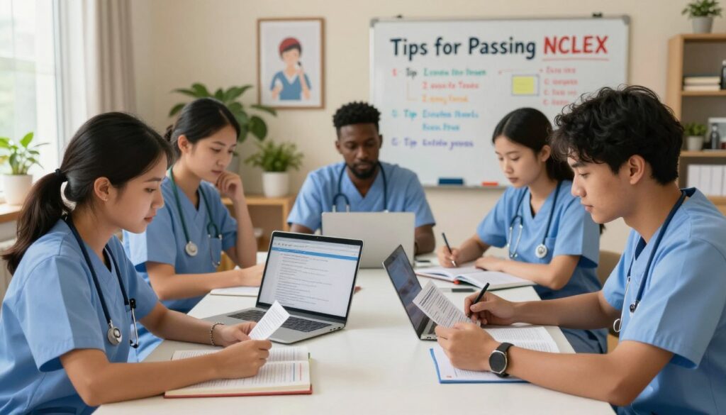 A serene study environment illustrating "Tips for Passing NCLEX" with a diverse group of nursing students gathered around a large table. In the foreground, two students—one female and one male—are reviewing flashcards and studying together, showcasing focused expressions. In the middle, open textbooks and laptops display study resources, along with a colorful whiteboard filled with motivational tips and diagrams related to NCLEX preparation. The background features a warm, well-lit room with houseplants and framed nursing-themed art on the walls, creating an inviting atmosphere. Soft, natural light from a window bathes the scene, emphasizing a sense of determination and collaboration. The overall mood is encouraging and supportive, ideal for building confidence for the NCLEX.