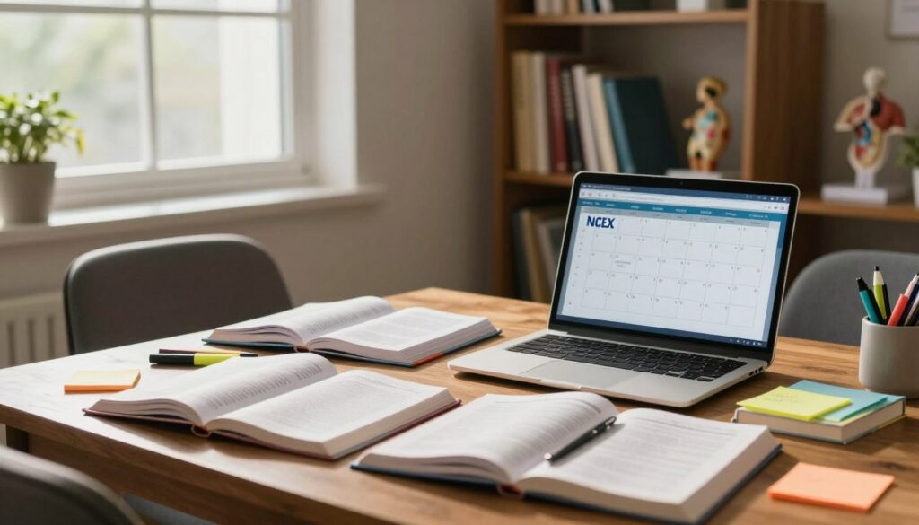 A serene study environment illustrating an NCLEX study plan. In the foreground, a wooden desk is cluttered with open textbooks, colorful sticky notes, and highlighters. A laptop displays a digital calendar marking study sessions. In the middle ground, a comfortable chair is positioned next to a bookshelf filled with nursing reference books and anatomical models. The background features a bright window allowing natural light to stream in, casting soft shadows. The atmosphere is calm and focused, with a warm color palette of browns and greens. Soft, diffused lighting creates a welcoming study space, with hints of organization and dedication reflecting in the arrangement of study materials. The scene evokes motivation and clarity for aspiring nurses. A serene study environment illustrating an NCLEX study plan. In the foreground, a wooden desk is cluttered with open textbooks, colorful sticky notes, and highlighters. A laptop displays a digital calendar marking study sessions. In the middle ground, a comfortable chair is positioned next to a bookshelf filled with nursing reference books and anatomical models. The background features a bright window allowing natural light to stream in, casting soft shadows. The atmosphere is calm and focused, with a warm color palette of browns and greens. Soft, diffused lighting creates a welcoming study space, with hints of organization and dedication reflecting in the arrangement of study materials. The scene evokes motivation and clarity for aspiring nurses.