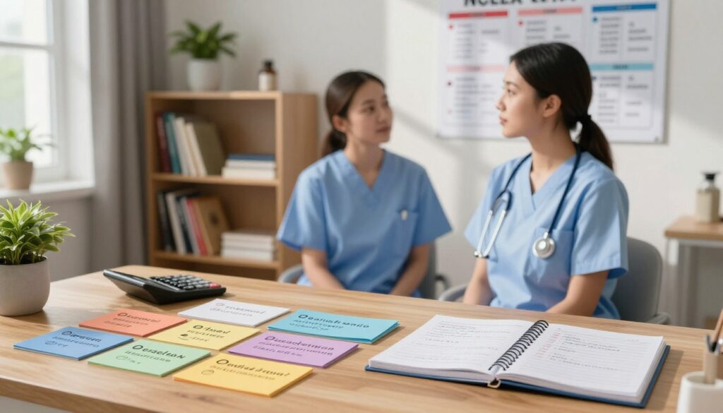 A serene study environment illustrating effective NCLEX mnemonic techniques focused on dosage calculations. In the foreground, a neatly arranged wooden desk with colorful flashcards displaying mnemonic phrases, a calculator, and a spiral notebook filled with handwritten notes. In the middle ground, a young nurse in professional attire, looking thoughtfully at a mnemonic chart on the wall. The background features a softly lit room with a bookshelf filled with medical textbooks and a potted plant, creating a calm atmosphere conducive to learning. Natural light filters through a window, casting gentle shadows, highlighting the nurse's focused expression. The overall mood is inspiring and motivating, emphasizing the importance of creative study methods for nursing success.