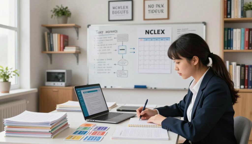 A serene study environment illustrating effective study strategies for NCLEX success. In the foreground, a young woman in professional attire, focused and taking notes, sits at a tidy desk piled with NCLEX study materials, colorful flashcards, and a laptop displaying exam prep resources. The middle ground features a large whiteboard filled with organized study tips and diagrams, while a close-up of a calendar showing a carefully planned study schedule is visible. The background has soft shelves lined with health textbooks and motivational quotes framed on the wall. The lighting is bright and inviting, mimicking natural daylight through a window, creating a mood of determination and productivity. Use a wide-angle lens for a comprehensive view, maintaining clarity and focus on the study elements.