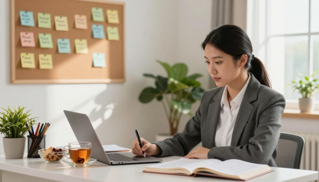 A serene study environment illustrating self-care practices for NCLEX prep. In the foreground, a focused student in professional business attire, seated comfortably at a well-organized desk, surrounded by study materials and refreshments like herbal tea and healthy snacks. The middle ground features motivational quotes on sticky notes on a corkboard, alongside plants that add a natural touch and promote relaxation. In the background, soft, diffuse lighting creates a warm atmosphere, with natural light streaming through a window, casting gentle shadows. The mood is calm and encouraging, emphasizing the importance of healthy study habits and breaks. The lens captures the scene in a medium close-up angle, bringing attention to both the student and the nurturing surroundings. A serene study environment illustrating self-care practices for NCLEX prep. In the foreground, a focused student in professional business attire, seated comfortably at a well-organized desk, surrounded by study materials and refreshments like herbal tea and healthy snacks. The middle ground features motivational quotes on sticky notes on a corkboard, alongside plants that add a natural touch and promote relaxation. In the background, soft, diffuse lighting creates a warm atmosphere, with natural light streaming through a window, casting gentle shadows. The mood is calm and encouraging, emphasizing the importance of healthy study habits and breaks. The lens captures the scene in a medium close-up angle, bringing attention to both the student and the nurturing surroundings.