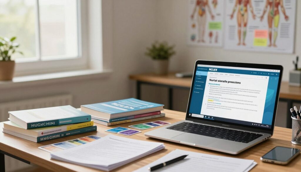 A serene study environment showcasing NCLEX study resources. In the foreground, a wooden desk is cluttered with various NCLEX preparation materials, including textbooks, flashcards, and a laptop displaying a simulation program for learning nursing isolation precautions. In the middle ground, a well-organized study area featuring anatomical charts and highlighted notes, indicating a blend of visual and text-based learning. In the background, a softly illuminated window allows natural light to stream in, creating a warm and inviting atmosphere. The setting conveys focus and determination, suggesting intense study sessions. The overall mood is calm yet productive, with an emphasis on professionalism and mastery of nursing concepts. The image should be well-composed, capturing details clearly without text or distractions.