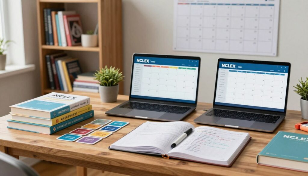 A serene study environment showcasing a detailed NCLEX study schedule. In the foreground, a wooden desk cluttered with colorful study materials, including textbooks, flashcards, and a laptop displaying a digital calendar. In the middle, an open notebook with neatly written notes and a highlighter on top, emphasizing the importance of tracking progress. The background features a well-lit bookshelf filled with nursing-related resources, and a large wall calendar marking important dates, creating a sense of organization and purpose. Soft, natural lighting from a nearby window enhances the focus on the study area, evoking a calm and productive atmosphere. The overall mood reflects diligence and encouragement, perfect for someone dedicated to assessing their progress in NCLEX preparation. A serene study environment showcasing a detailed NCLEX study schedule. In the foreground, a wooden desk cluttered with colorful study materials, including textbooks, flashcards, and a laptop displaying a digital calendar. In the middle, an open notebook with neatly written notes and a highlighter on top, emphasizing the importance of tracking progress. The background features a well-lit bookshelf filled with nursing-related resources, and a large wall calendar marking important dates, creating a sense of organization and purpose. Soft, natural lighting from a nearby window enhances the focus on the study area, evoking a calm and productive atmosphere. The overall mood reflects diligence and encouragement, perfect for someone dedicated to assessing their progress in NCLEX preparation.