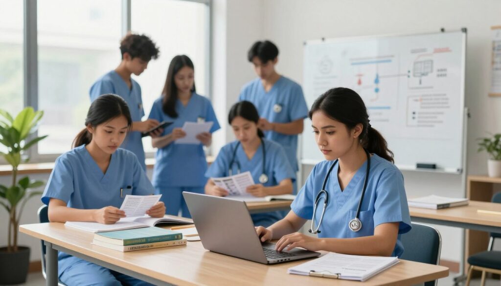 A serene study environment showcasing a diverse group of nursing students engaged in focused test preparation. In the foreground, a confident female student in professional attire is practicing NCLEX-style questions on her laptop, surrounded by textbooks and study materials. In the middle, another student sits at a table reviewing flashcards, while a group of three peers huddles over a whiteboard filled with diagrams and key concepts. The background features large windows allowing soft, natural light to illuminate the space, creating an inviting and motivating atmosphere. The room is adorned with potted plants, adding to the calm and focused mood, reflecting a sense of growth and learning as they collectively build their test-taking skills. A serene study environment showcasing a diverse group of nursing students engaged in focused test preparation. In the foreground, a confident female student in professional attire is practicing NCLEX-style questions on her laptop, surrounded by textbooks and study materials. In the middle, another student sits at a table reviewing flashcards, while a group of three peers huddles over a whiteboard filled with diagrams and key concepts. The background features large windows allowing soft, natural light to illuminate the space, creating an inviting and motivating atmosphere. The room is adorned with potted plants, adding to the calm and focused mood, reflecting a sense of growth and learning as they collectively build their test-taking skills.