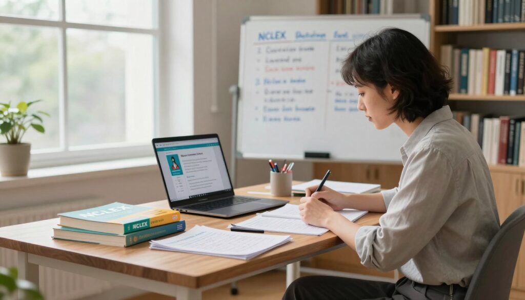 A serene study environment showcasing a healthcare professional in smart casual attire, deeply engaged in NCLEX preparation. In the foreground, the individual is seated at a modern wooden desk, surrounded by colorful study materials, including NCLEX review books and handwritten notes. In the middle ground, a whiteboard filled with key nursing concepts and rationales is visible, along with a laptop displaying an online study session. The background features soft, natural light streaming through a large window, illuminating a cozy library filled with medical texts. The atmosphere is calm and focused, evoking a sense of determination and productivity in preparing for effective rationale review. A serene study environment showcasing a healthcare professional in smart casual attire, deeply engaged in NCLEX preparation. In the foreground, the individual is seated at a modern wooden desk, surrounded by colorful study materials, including NCLEX review books and handwritten notes. In the middle ground, a whiteboard filled with key nursing concepts and rationales is visible, along with a laptop displaying an online study session. The background features soft, natural light streaming through a large window, illuminating a cozy library filled with medical texts. The atmosphere is calm and focused, evoking a sense of determination and productivity in preparing for effective rationale review.