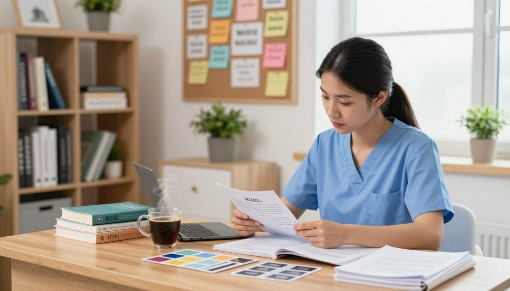A serene study environment showcasing a well-lit workspace set for NCLEX preparation. In the foreground, a focused nursing student, dressed in professional attire, is seated at a wooden desk, reviewing study materials such as nursing textbooks, practice exams, and flashcards. A cup of steaming coffee sits nearby, adding a cozy touch. In the middle ground, a bulletin board is visible, filled with colorful notes and motivational quotes to inspire success. The background features a neatly organized bookshelf with nursing reference books and a potted plant for a touch of greenery. Soft, natural lighting filters in from a nearby window, creating a calm and encouraging atmosphere, perfect for focused study and preparation.