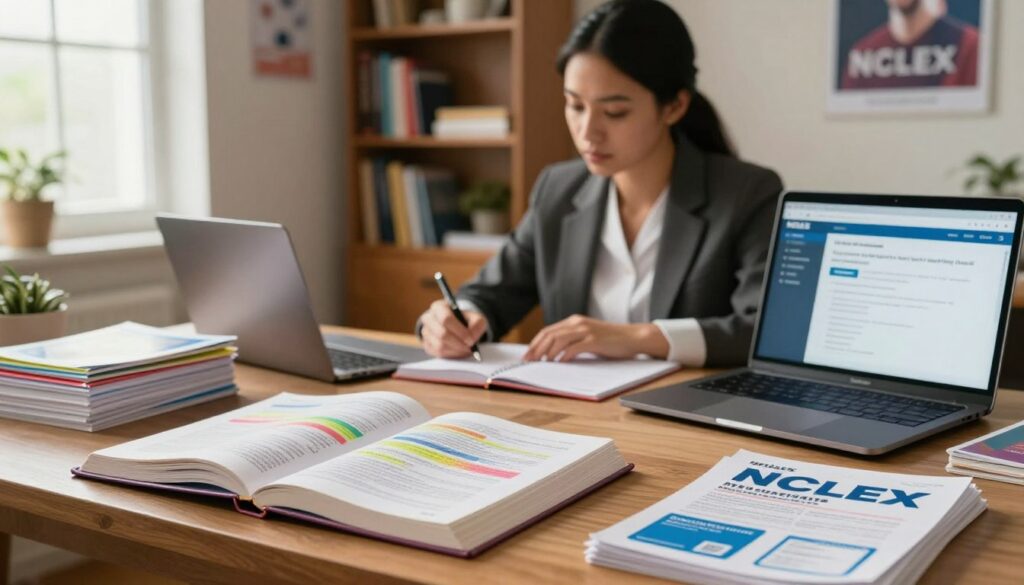 A serene study environment showcasing a well-organized desk with essential NCLEX review materials. In the foreground, there are open review books with colorful highlights, flashcards neatly stacked, and a laptop displaying NCLEX online resources. The middle ground features a focused individual wearing professional business attire, deeply engaged in studying, with a determined expression. Soft, warm lighting fills the room, creating an inviting and peaceful atmosphere, while a bookshelf filled with nursing textbooks and motivational posters can be seen in the background. The scene is framed with a cozy window allowing soft daylight to stream in, enhancing the sense of dedication and hope for success among repeat test takers. The overall mood is one of determination and positivity.