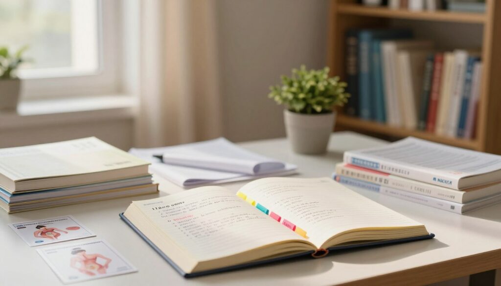 A serene study environment showcasing an NCLEX examination setting focused on maternity questions. In the foreground, a neatly organized desk with an open notebook displaying handwritten notes and colorful sticky tabs labeled with maternity topics like "labor," "nursing care," and "complications." Surrounding the desk are various study materials, including textbooks and flashcards featuring illustrations of maternal anatomy. In the middle ground, a light-filled window with curtains gently swaying, adding a calming atmosphere. The background features soft shelves lined with medical textbooks and a potted plant, promoting a sense of study and professionalism. The lighting is warm and inviting, creating a focused yet relaxed mood, ideal for learning and preparation. The image is composed with a slight angle to emphasize the desk without overcrowding. A serene study environment showcasing an NCLEX examination setting focused on maternity questions. In the foreground, a neatly organized desk with an open notebook displaying handwritten notes and colorful sticky tabs labeled with maternity topics like "labor," "nursing care," and "complications." Surrounding the desk are various study materials, including textbooks and flashcards featuring illustrations of maternal anatomy. In the middle ground, a light-filled window with curtains gently swaying, adding a calming atmosphere. The background features soft shelves lined with medical textbooks and a potted plant, promoting a sense of study and professionalism. The lighting is warm and inviting, creating a focused yet relaxed mood, ideal for learning and preparation. The image is composed with a slight angle to emphasize the desk without overcrowding.