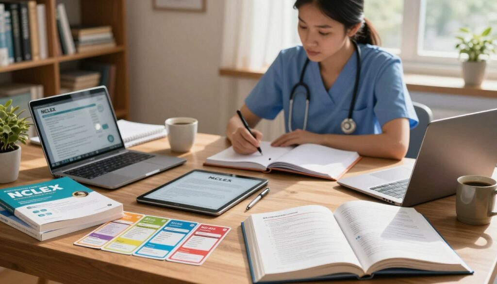 A serene study environment showcasing an organized desk filled with free NCLEX study materials. In the foreground, a variety of textbooks and digital devices like a tablet and laptop are displayed, open to NCLEX practice questions. Colorful flashcards with nursing terms are scattered around, adding vibrancy. In the middle ground, a focused nursing student in professional attire is studying intently, surrounded by notebooks and a cup of coffee. The background features a cozy bookshelf filled with references and a window letting in soft, natural sunlight, casting gentle shadows. The mood is calm and inspirational, encouraging a sense of determination and focus. Capture this scene with a warm color palette and a slightly blurred background to emphasize the study materials and student.