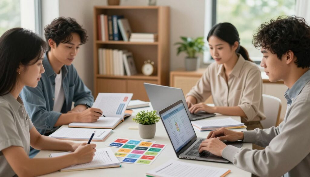 A serene study environment showcasing effective NCLEX mental health study tips. In the foreground, a diverse group of four professionals, dressed in smart casual attire, are gathered around a table cluttered with study materials: colorful flashcards, textbooks on mental health nursing, and laptops displaying diagrams and notes. In the middle, a soft-focus bookshelf is filled with psychology books and NCLEX prep guides, while a small potted plant adds a touch of greenery. The background depicts a well-lit room, with warm, natural light streaming through a window, creating an inviting atmosphere for learning. The overall mood is focused yet relaxed, emphasizing collaboration and teamwork in preparation for the NCLEX exam.