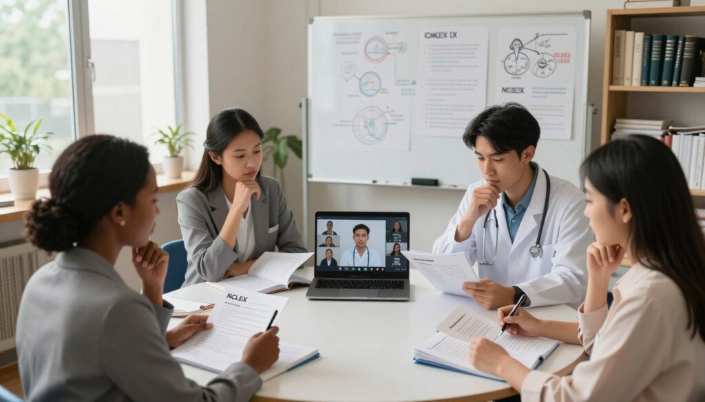 A serene study environment showcasing nursing students engaged in critical thinking exercises. In the foreground, a diverse group of three students, including a Black woman, an Asian man, and a Hispanic woman, sit at a round table, each with open NCLEX-style question books and pens in hand, dressed in professional business attire. The middle ground features a large whiteboard filled with diagrams and nursing concepts, and a laptop displaying a virtual classroom session. The background shows soft natural light filtering through large windows, illuminating the room filled with bookshelves and reference materials. The atmosphere is focused and collaborative, emphasizing learning and engagement in critical thinking. Capture this scene from a slightly elevated angle to include all elements harmoniously. A serene study environment showcasing nursing students engaged in critical thinking exercises. In the foreground, a diverse group of three students, including a Black woman, an Asian man, and a Hispanic woman, sit at a round table, each with open NCLEX-style question books and pens in hand, dressed in professional business attire. The middle ground features a large whiteboard filled with diagrams and nursing concepts, and a laptop displaying a virtual classroom session. The background shows soft natural light filtering through large windows, illuminating the room filled with bookshelves and reference materials. The atmosphere is focused and collaborative, emphasizing learning and engagement in critical thinking. Capture this scene from a slightly elevated angle to include all elements harmoniously.
