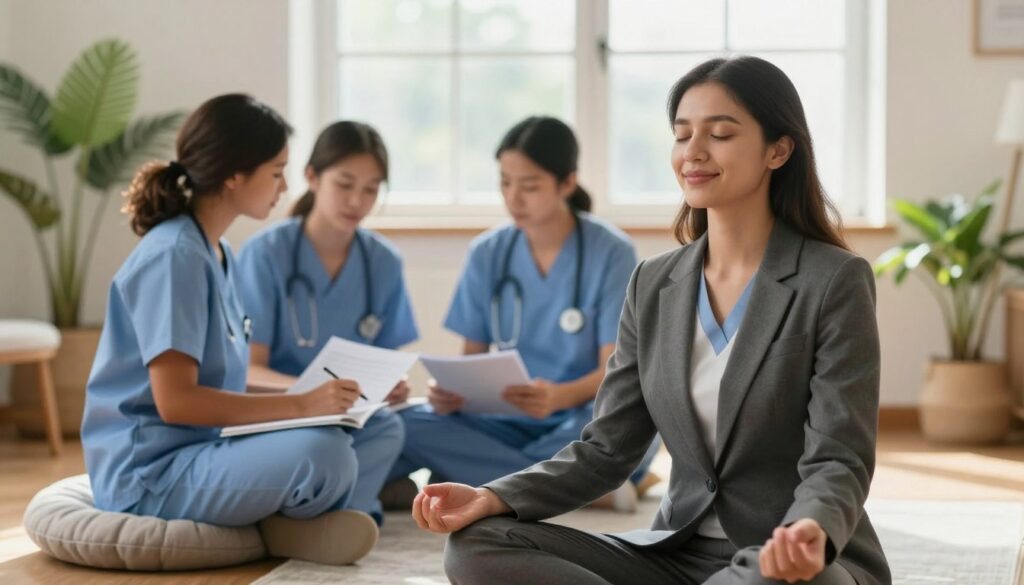 A serene study environment showing a diverse group of nursing students practicing positive mindset strategies to alleviate NCLEX test anxiety. In the foreground, a confident female student in professional business attire, smiling while meditating with closed eyes, surrounded by calming elements like plants and soft cushions. In the middle ground, two students engaged in a supportive discussion while reviewing study materials, demonstrating camaraderie and encouragement. The background features a bright window with sunlight streaming in, illuminating the space and enhancing a peaceful yet focused atmosphere. Use soft, warm lighting to emphasize tranquility, with a soft focus on the details and a shallow depth of field to create an inviting and hopeful mood, inspiring viewers to adopt a positive mindset. A serene study environment showing a diverse group of nursing students practicing positive mindset strategies to alleviate NCLEX test anxiety. In the foreground, a confident female student in professional business attire, smiling while meditating with closed eyes, surrounded by calming elements like plants and soft cushions. In the middle ground, two students engaged in a supportive discussion while reviewing study materials, demonstrating camaraderie and encouragement. The background features a bright window with sunlight streaming in, illuminating the space and enhancing a peaceful yet focused atmosphere. Use soft, warm lighting to emphasize tranquility, with a soft focus on the details and a shallow depth of field to create an inviting and hopeful mood, inspiring viewers to adopt a positive mindset.