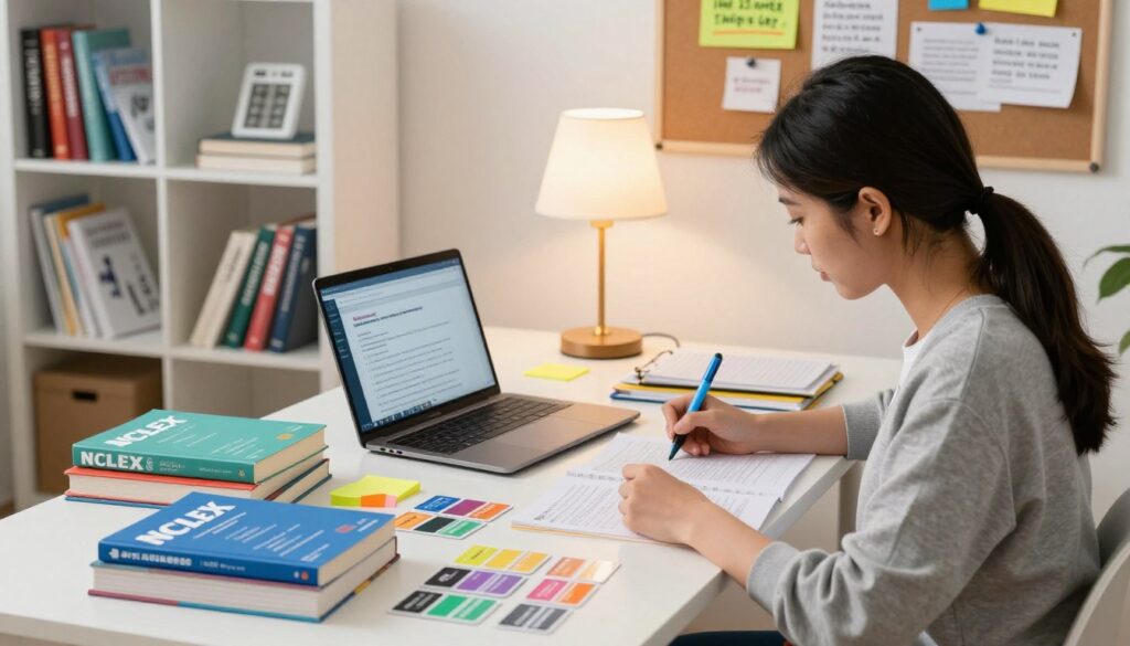 A serene study environment showing a well-organized desk filled with NCLEX study materials, including books, flashcards, and a laptop displaying a practice exam. In the foreground, a focused nursing student in smart casual attire, intently reviewing notes with highlighters and sticky notes scattered around. The middle ground features a cozy lamp casting warm light over the study space, accentuating the student's concentration. In the background, a bookshelf filled with nursing textbooks and a bulletin board pinned with study tips and motivational quotes. The overall mood is calm, productive, and inspiring, inviting viewers to engage with effective learning strategies for academic success. The image should be bright and well-lit, capturing the essence of a dedicated study session.