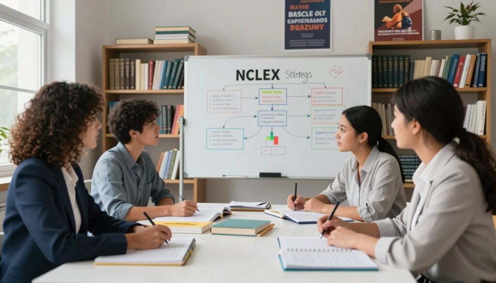 A serene study environment that conveys focus and determination for NCLEX exam retake strategies. In the foreground, a diverse group of three individuals in professional attire, such as a suit and blouse, are sitting around a well-organized table filled with textbooks, notes, and study materials. One person is writing notes, while another is engaged in discussion, highlighting collaboration. In the middle, a whiteboard displays a flowchart of test-taking strategies, with colorful markers and diagrams. The background features shelves filled with nursing textbooks and motivational posters related to exam success, bathed in natural light streaming from a nearby window. The atmosphere is calm yet inspiring, encouraging viewers to focus on succeeding in their next attempt.