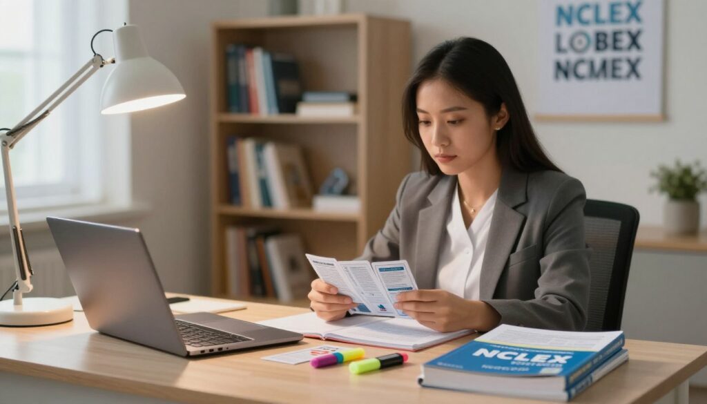 A serene study environment that reflects academic preparedness for the NCLEX exam. In the foreground, a neatly arranged desk features a closed laptop, NCLEX review books, and highlighters, all illuminated by soft desk lamp lighting, creating a warm and inviting atmosphere. In the middle ground, a focused nursing student, dressed in professional business attire, sits in a comfortable chair, reviewing notes and practicing with flashcards, showcasing concentration and determination. The background includes a well-organized bookshelf filled with nursing textbooks and a motivational wall poster artfully displayed, symbolizing readiness and ambition. Use a soft focus with natural lighting to evoke a calm, studious mood, emphasizing the journey of preparation. A serene study environment that reflects academic preparedness for the NCLEX exam. In the foreground, a neatly arranged desk features a closed laptop, NCLEX review books, and highlighters, all illuminated by soft desk lamp lighting, creating a warm and inviting atmosphere. In the middle ground, a focused nursing student, dressed in professional business attire, sits in a comfortable chair, reviewing notes and practicing with flashcards, showcasing concentration and determination. The background includes a well-organized bookshelf filled with nursing textbooks and a motivational wall poster artfully displayed, symbolizing readiness and ambition. Use a soft focus with natural lighting to evoke a calm, studious mood, emphasizing the journey of preparation.