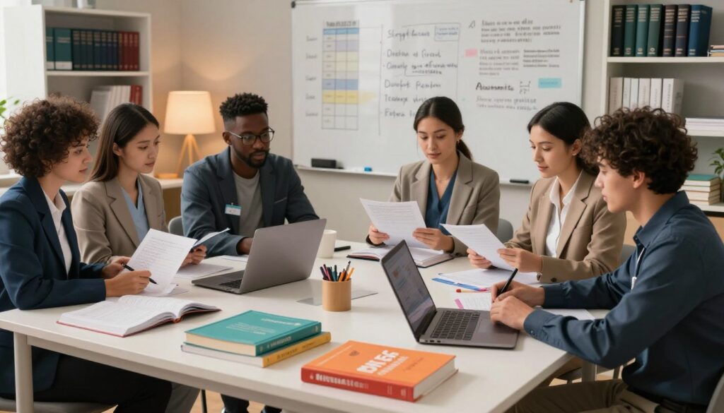A serene study room filled with supportive elements for NCLEX candidates. In the foreground, a neatly arranged desk featuring textbooks, a laptop, and colorful study materials, symbolizing preparation. To the side, a diverse group of individuals, dressed in professional business attire, engaged in a study group and sharing notes, showcasing collaboration. In the middle ground, a whiteboard filled with study schedules and motivational quotes, representing organization and encouragement. The background softly fades into shelves that hold nursing reference books and resources, promoting a sense of knowledge. The lighting is warm and inviting, with a gentle glow highlighting the study space, creating a focused and supportive atmosphere. The angle is slightly elevated, providing a comprehensive view of this nurturing environment.
