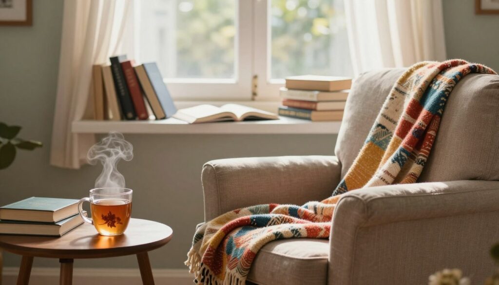 A serene study scene showcasing the importance of breaks and downtime. In the foreground, a cozy reading nook featuring a comfortable armchair with a colorful blanket draped over it, accompanied by a steaming mug of herbal tea on a small side table. In the middle, a well-organized study area with books and notes scattered around, indicating focused effort but also the need for relaxation. The background reveals a sunlit window with soft curtains gently fluttering, allowing warm light to pour in, creating an inviting atmosphere. The mood is tranquil and refreshing, emphasizing balance in study habits. Use soft lighting to enhance the warm, inviting feeling, with a slight depth-of-field focus to draw attention to the reading nook.