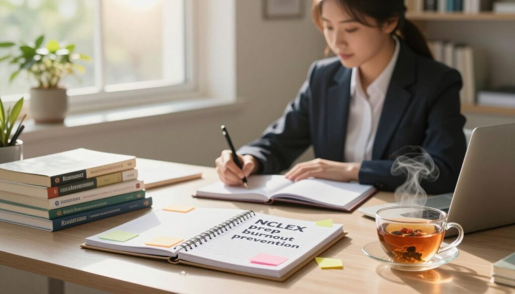 A serene study space depicting the concept of "NCLEX prep burnout prevention." In the foreground, a tidy desk with a planner and colorful sticky notes, organized notes and textbooks stacked neatly, a cup of herbal tea steaming beside a laptop. In the middle ground, a focused student dressed in professional attire, seated comfortably in a well-lit room, writing thoughtfully in the planner. Soft sunlight filters through a window, creating a warm glow that enhances a peaceful atmosphere. In the background, gentle greenery can be seen outside the window, symbolizing calmness and balance. The scene conveys a sense of focus, organization, and a relaxed yet productive ambiance, ideal for effective studying without burnout.
