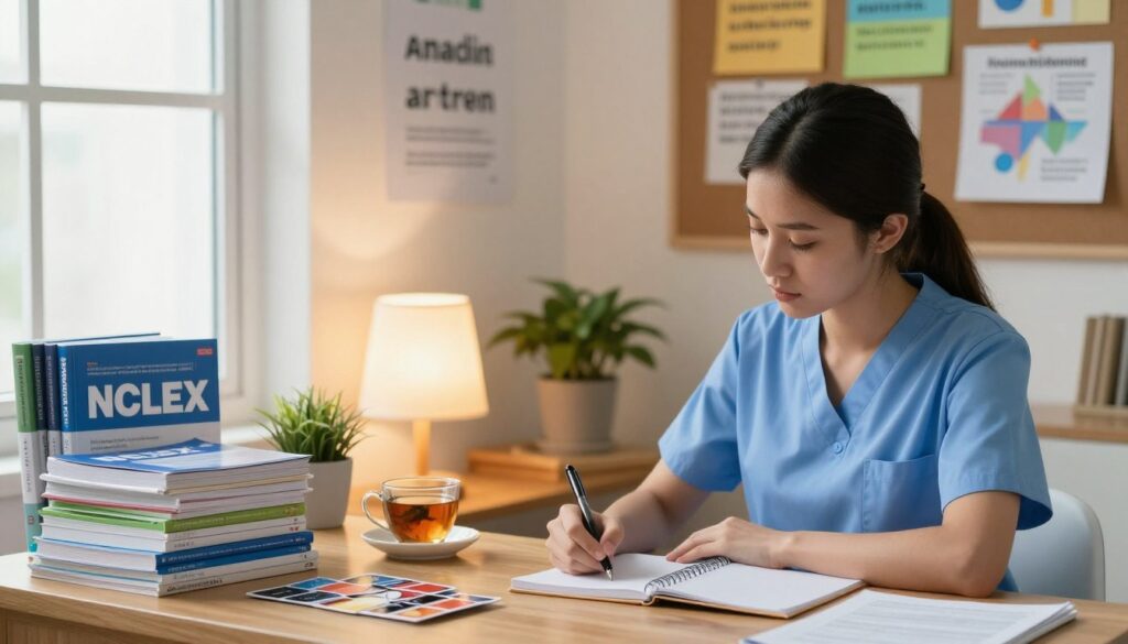 A serene study space designed for nursing students preparing for the NCLEX exam. In the foreground, a focused young woman in professional attire sits at a wooden desk, writing in a notebook, with a look of determination on her face. To the left, a stack of NCLEX study guides and flashcards are neatly arranged, symbolizing organized study techniques. The middle ground features a cozy lamp casting a warm glow, illuminating a small plant and a cup of herbal tea to suggest a calming atmosphere. In the background, a bulletin board adorned with motivational quotes and colorful charts showcases study strategies and techniques. Soft, natural light filters through a window, creating an inviting and encouraging environment that reflects confidence and focus. The overall mood is positive and inspiring, emphasizing the importance of practice in reducing test anxiety. A serene study space designed for nursing students preparing for the NCLEX exam. In the foreground, a focused young woman in professional attire sits at a wooden desk, writing in a notebook, with a look of determination on her face. To the left, a stack of NCLEX study guides and flashcards are neatly arranged, symbolizing organized study techniques. The middle ground features a cozy lamp casting a warm glow, illuminating a small plant and a cup of herbal tea to suggest a calming atmosphere. In the background, a bulletin board adorned with motivational quotes and colorful charts showcases study strategies and techniques. Soft, natural light filters through a window, creating an inviting and encouraging environment that reflects confidence and focus. The overall mood is positive and inspiring, emphasizing the importance of practice in reducing test anxiety.
