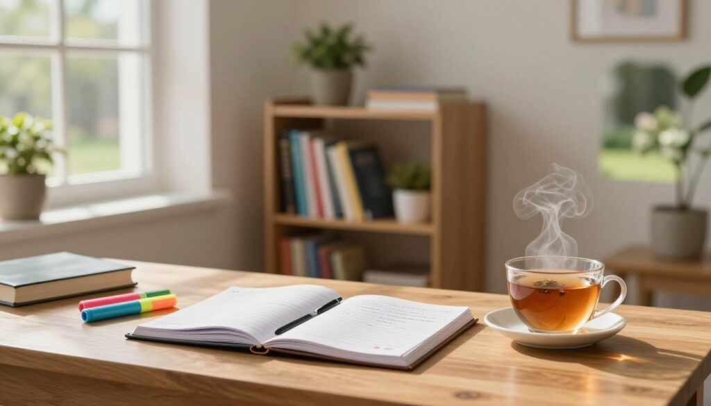 A serene study space designed for reducing stress before the NCLEX exam. In the foreground, a neatly arranged wooden desk with an open planner, colorful highlighters, and a steaming cup of herbal tea, conveying a sense of preparation and calm. In the middle, a well-organized bookshelf filled with nursing textbooks and calming decor like small potted plants. In the background, a soft, warm light filters through a window, casting gentle shadows, with a view of a peaceful outdoor garden, enhancing the tranquil atmosphere. The entire scene evokes a mood of focus and serenity, encouraging effective study habits, ideal for managing stress before exams. A serene study space designed for reducing stress before the NCLEX exam. In the foreground, a neatly arranged wooden desk with an open planner, colorful highlighters, and a steaming cup of herbal tea, conveying a sense of preparation and calm. In the middle, a well-organized bookshelf filled with nursing textbooks and calming decor like small potted plants. In the background, a soft, warm light filters through a window, casting gentle shadows, with a view of a peaceful outdoor garden, enhancing the tranquil atmosphere. The entire scene evokes a mood of focus and serenity, encouraging effective study habits, ideal for managing stress before exams.