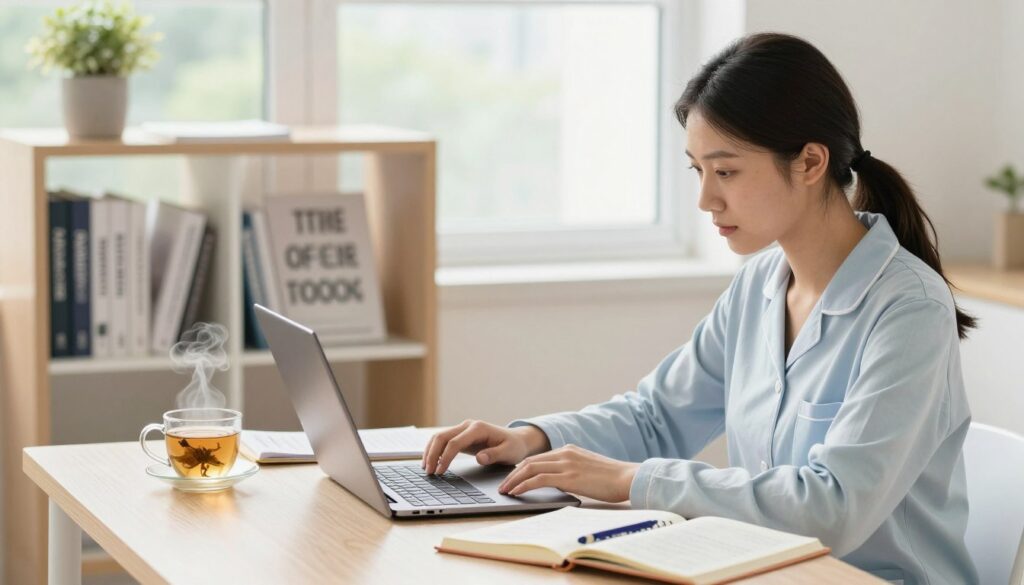 A serene study space designed for self-care during NCLEX prep. In the foreground, a young nursing student sits at a tidy desk, wearing comfortable yet professional loungewear, focused on her study materials with a laptop open in front of her. To the left, a steaming cup of herbal tea rests beside a journal filled with notes. In the middle ground, a bookshelf filled with nursing textbooks and motivational quotes creates an encouraging atmosphere. The background features a large window, allowing soft, natural light to illuminate the space, enhancing a calm and inviting mood. The overall color palette is soothing with pastel tones, creating a tranquil setting conducive to study while promoting self-care practices.