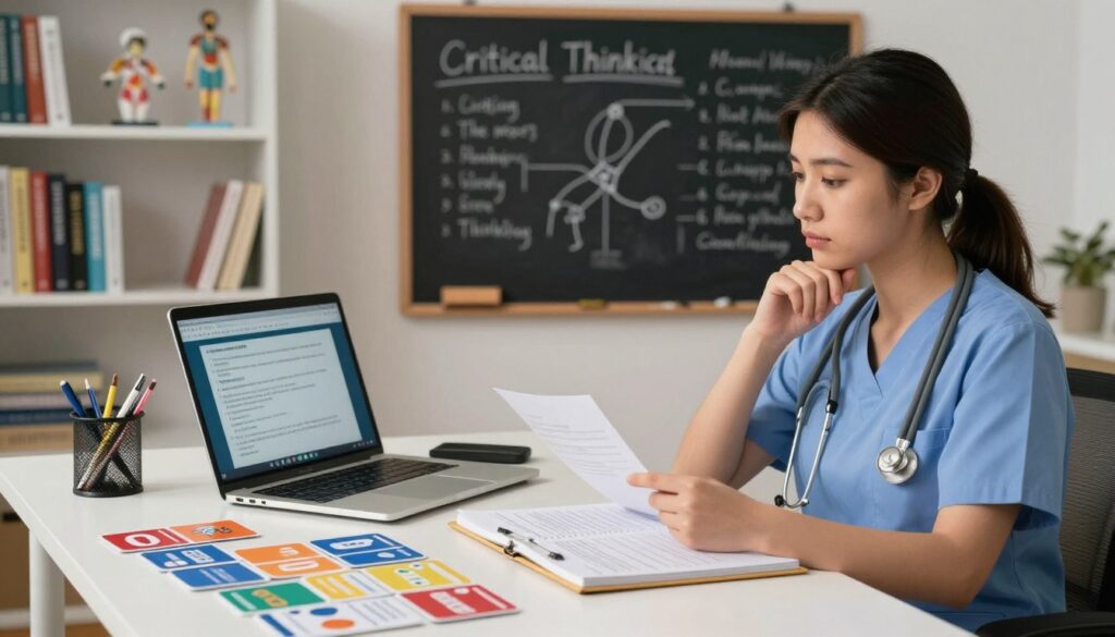 A serene study space featuring a well-organized desk adorned with NCLEX study materials, including colorful flashcards, a laptop displaying a practice quiz, and a notebook filled with critical thinking strategies. In the foreground, a nursing student in professional business attire, focused and deep in thought, with a thoughtful expression while reviewing notes. In the middle, a chalkboard filled with key concepts and diagrams related to critical thinking, illuminated by soft, warm lighting that creates an inviting atmosphere. The background features a neatly arranged bookshelf with nursing textbooks and anatomical models, suggesting an environment of learning and preparation. The overall mood is one of concentration and determination, capturing the essence of success in the NCLEX.
