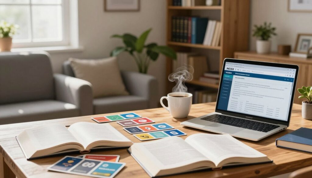 A serene study space filled with various NCLEX exam preparation materials. In the foreground, a wooden table is cluttered with open textbooks, colorful flashcards, and a laptop displaying an online study resource. A cup of steaming coffee sits beside the materials, exuding warmth and focus. In the middle ground, large cozy chairs face shelves filled with nursing reference books and a plant, hinting at a calming atmosphere. The background shows a softly lit room with a window allowing natural light to stream in, casting gentle shadows. The overall mood is one of motivation and concentration, perfect for creating an effective study environment for aspiring nurses. A serene study space filled with various NCLEX exam preparation materials. In the foreground, a wooden table is cluttered with open textbooks, colorful flashcards, and a laptop displaying an online study resource. A cup of steaming coffee sits beside the materials, exuding warmth and focus. In the middle ground, large cozy chairs face shelves filled with nursing reference books and a plant, hinting at a calming atmosphere. The background shows a softly lit room with a window allowing natural light to stream in, casting gentle shadows. The overall mood is one of motivation and concentration, perfect for creating an effective study environment for aspiring nurses.