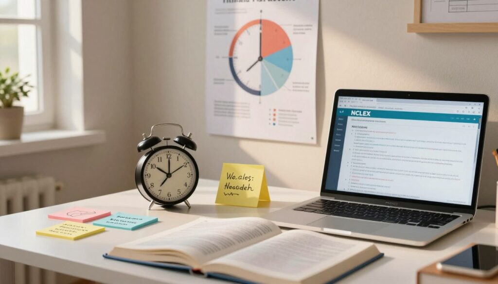 A serene study space focusing on effective time management for the NCLEX exam. In the foreground, a well-organized desk features a clock, a timer, and colorful sticky notes with illustrated test-taking strategies. A neatly open textbook and a laptop display NCLEX practice questions. In the middle, an inspirational wall chart displays visual time management techniques like a timer or pie chart. In the background, a soft focus of a cozy room with warm lighting, emphasizing a calm atmosphere. The light comes from a nearby window, casting gentle shadows. The entire scene should evoke a feeling of focus and productivity, perfect for preparing for the NCLEX without distractions. A serene study space focusing on effective time management for the NCLEX exam. In the foreground, a well-organized desk features a clock, a timer, and colorful sticky notes with illustrated test-taking strategies. A neatly open textbook and a laptop display NCLEX practice questions. In the middle, an inspirational wall chart displays visual time management techniques like a timer or pie chart. In the background, a soft focus of a cozy room with warm lighting, emphasizing a calm atmosphere. The light comes from a nearby window, casting gentle shadows. The entire scene should evoke a feeling of focus and productivity, perfect for preparing for the NCLEX without distractions.