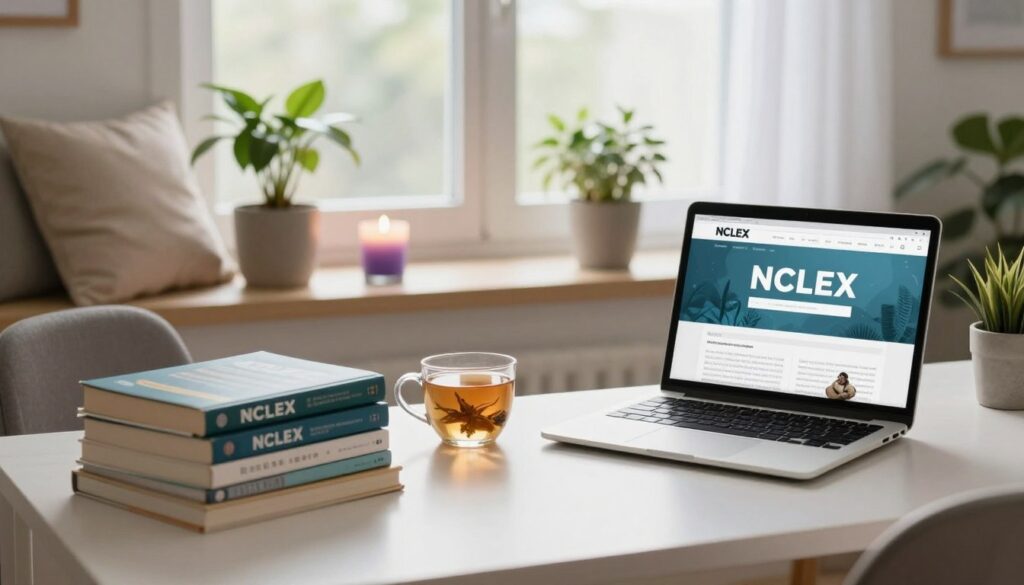 A serene study space for NCLEX exam preparation, featuring a well-organized desk with relaxing elements. In the foreground, there’s a neatly arranged stack of NCLEX study books, a laptop displaying a calming mindfulness website, and a cup of herbal tea. The middle layer showcases a comfortable chair with soft cushions, a potted plant for a touch of nature, and a calming lavender candle lit beside it. In the background, a window reveals a soft, natural light filtering through sheer curtains, enhancing the tranquil atmosphere. The mood is peaceful and focused, conveying a sense of calm and readiness, perfect for test-day preparation. Aim for a bright, warm lighting setup that exudes comfort and clarity. A serene study space for NCLEX exam preparation, featuring a well-organized desk with relaxing elements. In the foreground, there’s a neatly arranged stack of NCLEX study books, a laptop displaying a calming mindfulness website, and a cup of herbal tea. The middle layer showcases a comfortable chair with soft cushions, a potted plant for a touch of nature, and a calming lavender candle lit beside it. In the background, a window reveals a soft, natural light filtering through sheer curtains, enhancing the tranquil atmosphere. The mood is peaceful and focused, conveying a sense of calm and readiness, perfect for test-day preparation. Aim for a bright, warm lighting setup that exudes comfort and clarity.