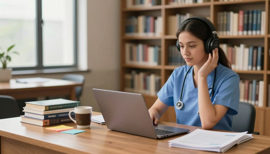 A serene study space reflecting NCLEX exam preparation. In the foreground, a focused nursing student in professional attire, with a laptop open and NCLEX study materials scattered around. She wears headphones, lost in thought while listening to music, embodying concentration and calm. In the middle, a wooden desk, highlighting a stack of textbooks and a coffee mug, along with colorful study notes. The background reveals a well-lit library setting with shelves of medical books and a large window allowing soft natural light to flood the room, creating an inviting atmosphere. Soft shadows enhance the cozy, studious mood, and the overall composition suggests serenity and focus, ideal for exam prep.