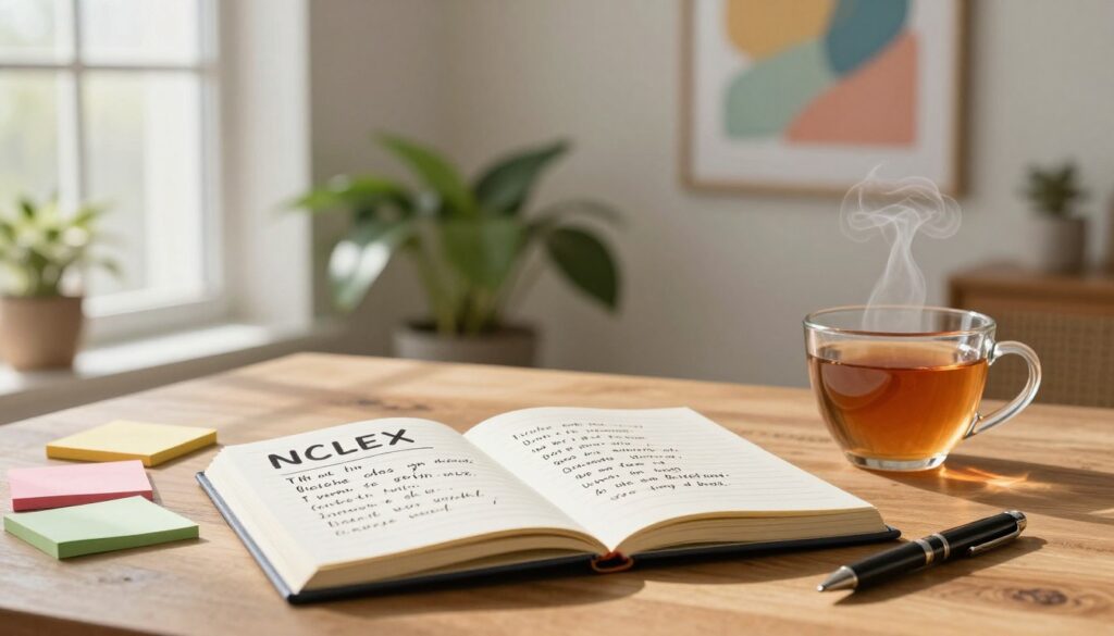 A serene study space with an open notebook displaying uplifting NCLEX affirmations in elegant handwritten script. The foreground includes a cozy wooden desk adorned with colorful sticky notes, a stylish pen, and a steaming cup of herbal tea. In the middle ground, a peaceful indoor plant adds a touch of nature, while a motivational wall art piece featuring calming colors complements the scene. The background reveals soft, diffused sunlight streaming through a large window, creating a warm, inviting atmosphere. The overall mood is inspiring and focused, perfect for a dedicated study session. The image captures the essence of positivity and determination, ideal for NCLEX students. The scene is well-lit, emphasizing the comforting ambiance without any text or overlays.