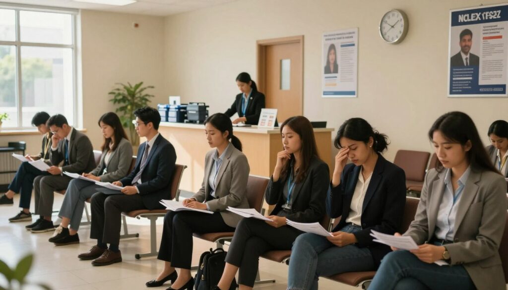 A serene test center hallway on NCLEX test day, softly illuminated with warm, natural light filtering through large windows. In the foreground, a diverse group of anxious candidates wearing professional business attire sits quietly on a bench, clutching their test materials, their expressions a mix of determination and nervousness. In the middle ground, a receptionist is organizing materials at a desk, with neatly arranged testing kits and ID verification tools on display. In the background, a calm atmosphere with motivational posters on the walls and a clock ticking towards test time, enhancing the tension. The angle should capture the spaciousness of the hall while focusing on the emotions of the candidates, creating a mood of anticipation and anxiety. A serene test center hallway on NCLEX test day, softly illuminated with warm, natural light filtering through large windows. In the foreground, a diverse group of anxious candidates wearing professional business attire sits quietly on a bench, clutching their test materials, their expressions a mix of determination and nervousness. In the middle ground, a receptionist is organizing materials at a desk, with neatly arranged testing kits and ID verification tools on display. In the background, a calm atmosphere with motivational posters on the walls and a clock ticking towards test time, enhancing the tension. The angle should capture the spaciousness of the hall while focusing on the emotions of the candidates, creating a mood of anticipation and anxiety.