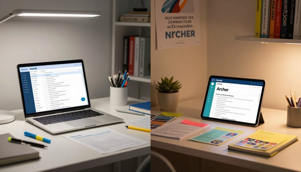 A side-by-side comparison image featuring two distinct study environments representing "UWorld" and "Archer." On the left, a sleek, modern study desk with a laptop open to a UWorld interface showcasing interactive question banks. Papers and highlighters are neatly arranged, with a bright overhead light illuminating the workspace. On the right, a cozy corner featuring a tablet displaying the Archer platform, surrounded by colorful notes and flashcards, under warm ambient lighting for a relaxed study vibe. In the background, softly blurred shelves filled with nursing textbooks and a motivational poster hanging on the wall. The image conveys a focused yet inviting atmosphere, emphasizing the depth and breadth of resources available for NCLEX preparation. A side-by-side comparison image featuring two distinct study environments representing "UWorld" and "Archer." On the left, a sleek, modern study desk with a laptop open to a UWorld interface showcasing interactive question banks. Papers and highlighters are neatly arranged, with a bright overhead light illuminating the workspace. On the right, a cozy corner featuring a tablet displaying the Archer platform, surrounded by colorful notes and flashcards, under warm ambient lighting for a relaxed study vibe. In the background, softly blurred shelves filled with nursing textbooks and a motivational poster hanging on the wall. The image conveys a focused yet inviting atmosphere, emphasizing the depth and breadth of resources available for NCLEX preparation.