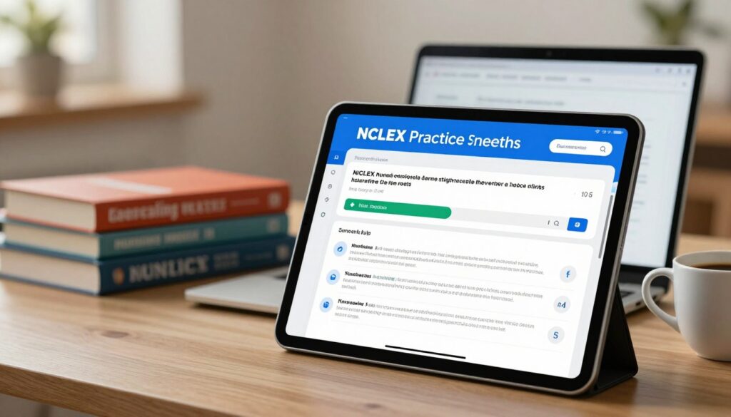 A sleek and modern digital interface of an NCLEX practice questions app displayed on a tablet or smartphone, positioned in the foreground. The screen shows vibrant graphics with sample NCLEX questions and answer options, highlighting features like progress tracking and detailed explanations. In the middle ground, a well-organized study space is depicted, featuring nursing textbooks, a laptop, and a cup of coffee, suggesting an environment conducive to studying. The background features a softly blurred room with warm lighting, creating a focus on the app and the study materials. The atmosphere is calm and scholarly, evoking a sense of motivation and focus, perfect for aspiring nurses preparing for their NCLEX exam.
