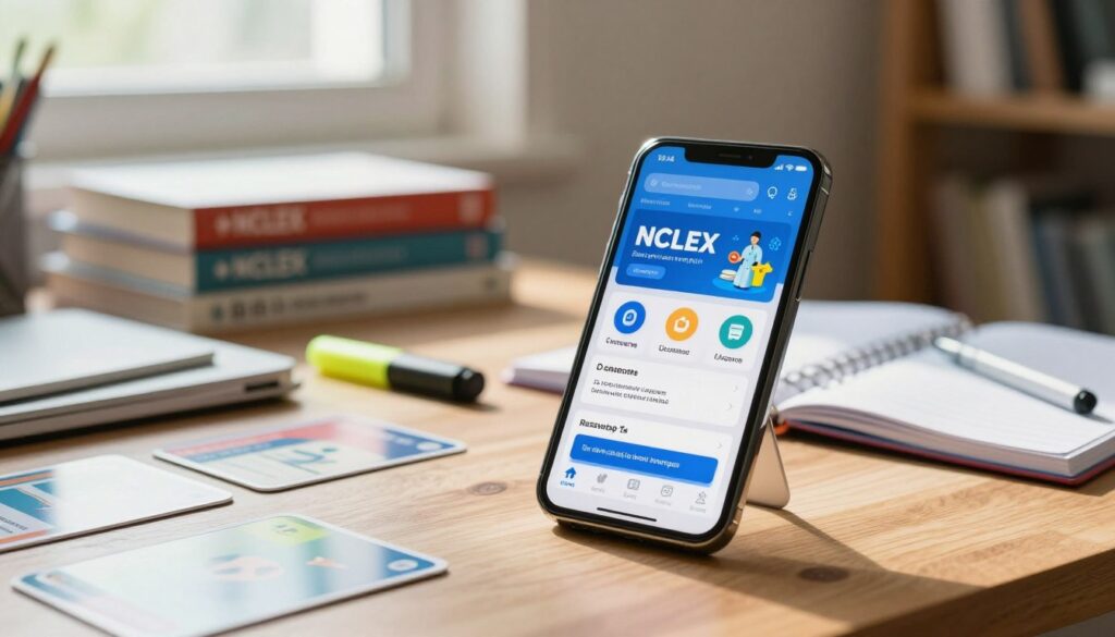 A sleek smartphone displaying various NCLEX exam prep apps on its screen, positioned prominently in the foreground. The smartphone is surrounded by study materials like flashcards, a notebook, and a highlighter, suggesting an environment of active learning. In the middle ground, a softly blurred, organized study desk with books on nursing and exam techniques creates a scholarly atmosphere. The background features a well-lit, cozy study room with a window allowing natural light to stream in, enhancing the mood of focus and determination. The composition should convey an inviting, productive study experience, captured from a slightly elevated angle to highlight the phone and surrounding materials. Use warm, soft lighting to create a motivating ambiance that encourages exam preparation. A sleek smartphone displaying various NCLEX exam prep apps on its screen, positioned prominently in the foreground. The smartphone is surrounded by study materials like flashcards, a notebook, and a highlighter, suggesting an environment of active learning. In the middle ground, a softly blurred, organized study desk with books on nursing and exam techniques creates a scholarly atmosphere. The background features a well-lit, cozy study room with a window allowing natural light to stream in, enhancing the mood of focus and determination. The composition should convey an inviting, productive study experience, captured from a slightly elevated angle to highlight the phone and surrounding materials. Use warm, soft lighting to create a motivating ambiance that encourages exam preparation.