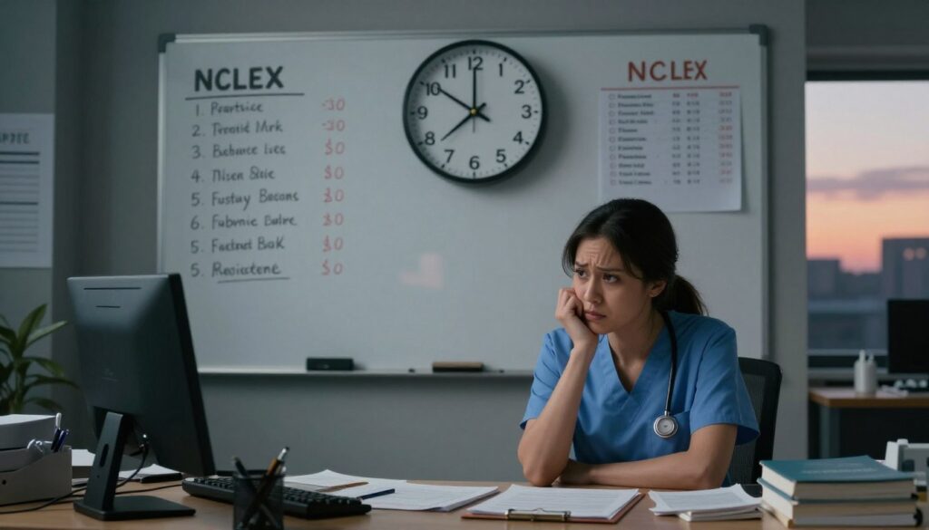 A somber office setting with a clock prominently displayed, its hands nearing the hour of an impending deadline. In the foreground, a nurse in professional scrubs sits at a cluttered desk, visibly anxious, glancing at the clock, surrounded by NCLEX prep materials like books and notes. The middle ground features a whiteboard with a chaotic list of study topics and practice test scores, emphasizing stress and urgency. In the background, a dimly lit window shows a sunset, symbolizing the end of time. Soft, muted lighting casts gentle shadows, enhancing the tension of the moment. Capture the atmosphere of anxiety and determination, illustrating the implications of running out of time during the NCLEX exam. A somber office setting with a clock prominently displayed, its hands nearing the hour of an impending deadline. In the foreground, a nurse in professional scrubs sits at a cluttered desk, visibly anxious, glancing at the clock, surrounded by NCLEX prep materials like books and notes. The middle ground features a whiteboard with a chaotic list of study topics and practice test scores, emphasizing stress and urgency. In the background, a dimly lit window shows a sunset, symbolizing the end of time. Soft, muted lighting casts gentle shadows, enhancing the tension of the moment. Capture the atmosphere of anxiety and determination, illustrating the implications of running out of time during the NCLEX exam.
