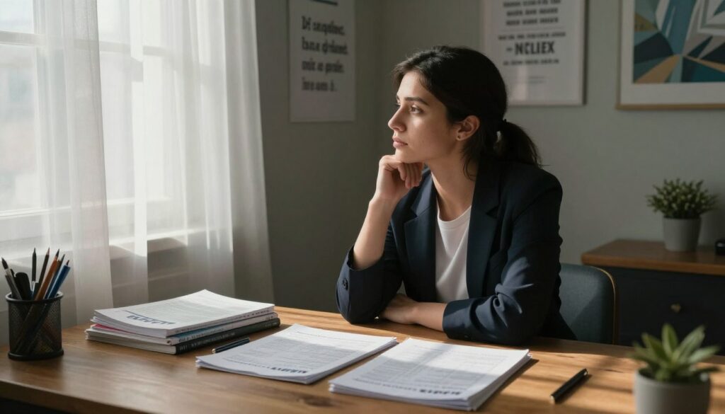 A somber, reflective scene depicting a young woman in her late 20s, sitting at a wooden desk in a softly lit room. She wears professional attire, looking contemplative as she gazes out of a window. Sunlight filters through sheer curtains, casting gentle shadows around her. On the desk, a few NCLEX study materials and a crumpled test result are thoughtfully arranged, symbolizing her journey. The walls are adorned with motivational quotes and calming artwork, emphasizing resilience and hope. In the background, a small plant adds a touch of life to the scene. The overall atmosphere is one of introspection and a sense of healing, conveying the importance of acknowledging one's feelings after an academic setback.