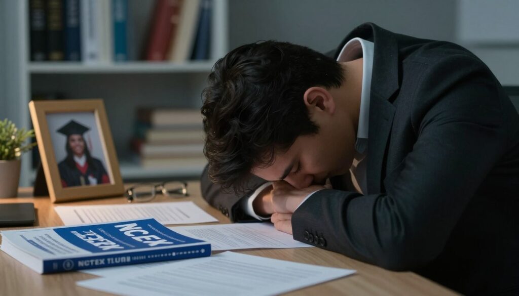 A somber scene depicting a young adult in professional business attire sitting at a desk, their head resting in their hands, showcasing a deep sense of despair and frustration after failing the NCLEX exam. In the foreground, a close-up of scattered papers and a closed NCLEX study guide, representing lost hopes and plans. In the middle ground, soft lighting casts a gentle glow on a framed photo of a graduation ceremony, symbolizing ambition and dreams. The background features an out-of-focus bookshelf filled with nursing textbooks, indicating the weight of expectations and knowledge. The mood is heavy, reflecting the emotional burden and vulnerability of facing academic failure, with shadows hinting at uncertainty and a path forward. The overall composition conveys a sense of introspection and the harsh reality of setbacks in a professional nursing journey. A somber scene depicting a young adult in professional business attire sitting at a desk, their head resting in their hands, showcasing a deep sense of despair and frustration after failing the NCLEX exam. In the foreground, a close-up of scattered papers and a closed NCLEX study guide, representing lost hopes and plans. In the middle ground, soft lighting casts a gentle glow on a framed photo of a graduation ceremony, symbolizing ambition and dreams. The background features an out-of-focus bookshelf filled with nursing textbooks, indicating the weight of expectations and knowledge. The mood is heavy, reflecting the emotional burden and vulnerability of facing academic failure, with shadows hinting at uncertainty and a path forward. The overall composition conveys a sense of introspection and the harsh reality of setbacks in a professional nursing journey.