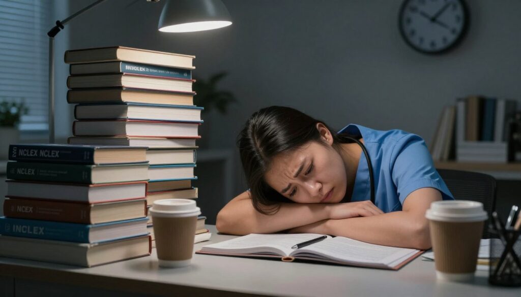 A somber scene depicting the stress and exhaustion of an NCLEX test-taker. In the foreground, a weary nursing student, dressed in professional attire, leans over a cluttered desk filled with books, notes, and empty coffee cups. Her facial expression reveals frustration and fatigue, with bags under her eyes. In the middle ground, stacks of nursing textbooks tower precariously, while a clock on the wall shows late night hours, emphasizing the long study sessions. The background features dim overhead lighting, creating shadows that enhance the feeling of burnout. A muted color palette of grays and blues adds to the heavy atmosphere, evoking a sense of overwhelming pressure and emotional strain during the NCLEX preparation. A somber scene depicting the stress and exhaustion of an NCLEX test-taker. In the foreground, a weary nursing student, dressed in professional attire, leans over a cluttered desk filled with books, notes, and empty coffee cups. Her facial expression reveals frustration and fatigue, with bags under her eyes. In the middle ground, stacks of nursing textbooks tower precariously, while a clock on the wall shows late night hours, emphasizing the long study sessions. The background features dim overhead lighting, creating shadows that enhance the feeling of burnout. A muted color palette of grays and blues adds to the heavy atmosphere, evoking a sense of overwhelming pressure and emotional strain during the NCLEX preparation.