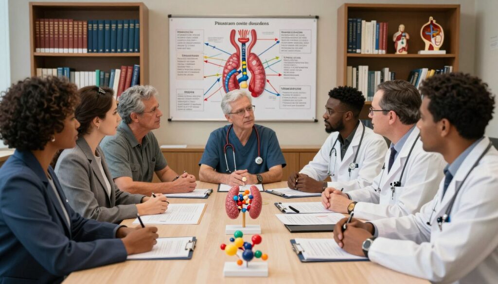 A sophisticated and informative scene depicting an educational setting focused on endocrine disorders. In the foreground, a diverse group of healthcare professionals, dressed in professional business attire, engage in collaborative discussions around a large table filled with charts, models of hormone molecules, and NCLEX-style questions. In the middle, a detailed diagram illustrating hormonal regulation and feedback mechanisms is pinned on a wall, showing key glands like the pituitary and thyroid with arrows indicating hormone pathways. The background features shelves filled with medical textbooks and anatomical models, with warm, focused lighting highlighting the table and enhancing the scholarly atmosphere. The overall mood is one of diligence and teamwork, emphasizing the importance of understanding endocrine disorders in nursing education.