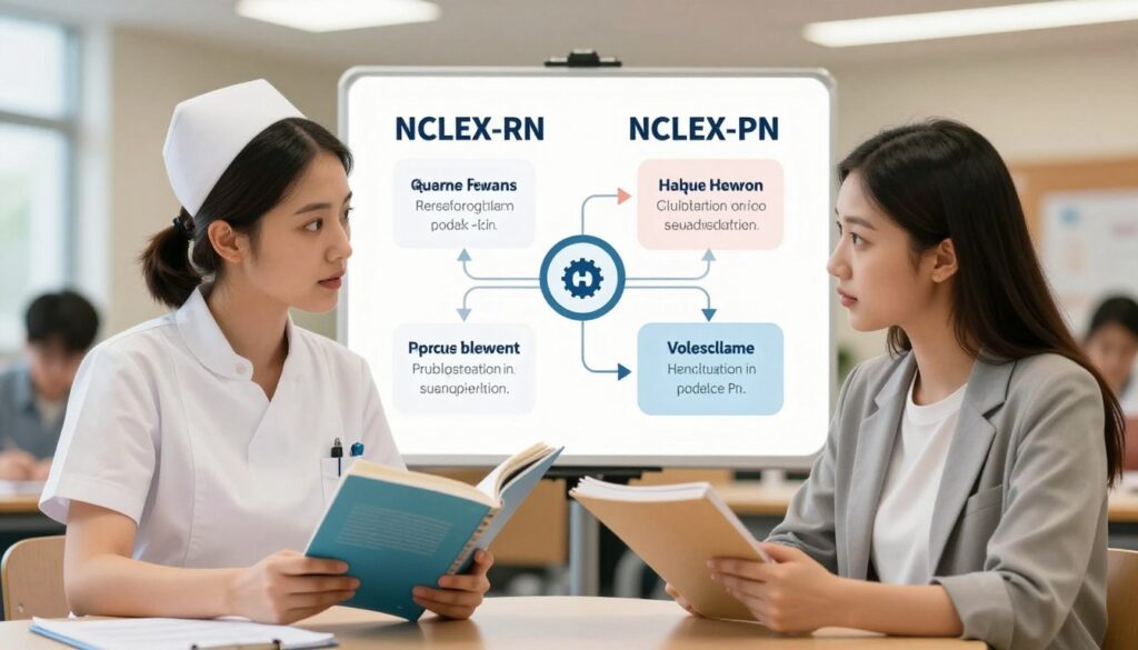 A split scene illustrating the differences between NCLEX-RN and NCLEX-PN educational requirements. In the foreground, two professional-looking nursing students, one in a crisp white nursing uniform representing NCLEX-RN and the other in smart casual attire for NCLEX-PN, are engaged in discussion while examining textbooks and notes. The middle ground features a visually appealing diagram with key points about each exam's educational path, such as prerequisites and degree requirements. The background is softly blurred, showcasing a modern nursing classroom with warm lighting to create an inviting atmosphere. Use a shallow depth of field to emphasize the students and their materials, ensuring a clear focus on their expressions of collaboration and determination. A split scene illustrating the differences between NCLEX-RN and NCLEX-PN educational requirements. In the foreground, two professional-looking nursing students, one in a crisp white nursing uniform representing NCLEX-RN and the other in smart casual attire for NCLEX-PN, are engaged in discussion while examining textbooks and notes. The middle ground features a visually appealing diagram with key points about each exam's educational path, such as prerequisites and degree requirements. The background is softly blurred, showcasing a modern nursing classroom with warm lighting to create an inviting atmosphere. Use a shallow depth of field to emphasize the students and their materials, ensuring a clear focus on their expressions of collaboration and determination.