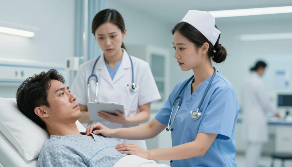 A split-scene illustration depicting "Clinical Indicators of Stability and Unstability" in a medical context. In the foreground, a confident nurse, dressed in a professional scrubs, conducts a thorough assessment on a patient with stable vital signs, portrayed as calm and relaxed. The middle ground features a contrasting scene with another nurse appearing concerned, evaluating a patient displaying signs of instability, such as elevated heart rate and expression of distress. In the background, a softly lit, modern hospital environment conveys a sense of urgency and care. Use a narrow depth of field to focus on the nurses' actions while creating a slightly blurred effect on the hospital setting. The overall mood should be serious yet professional, emphasizing the importance of monitoring patient status in healthcare.