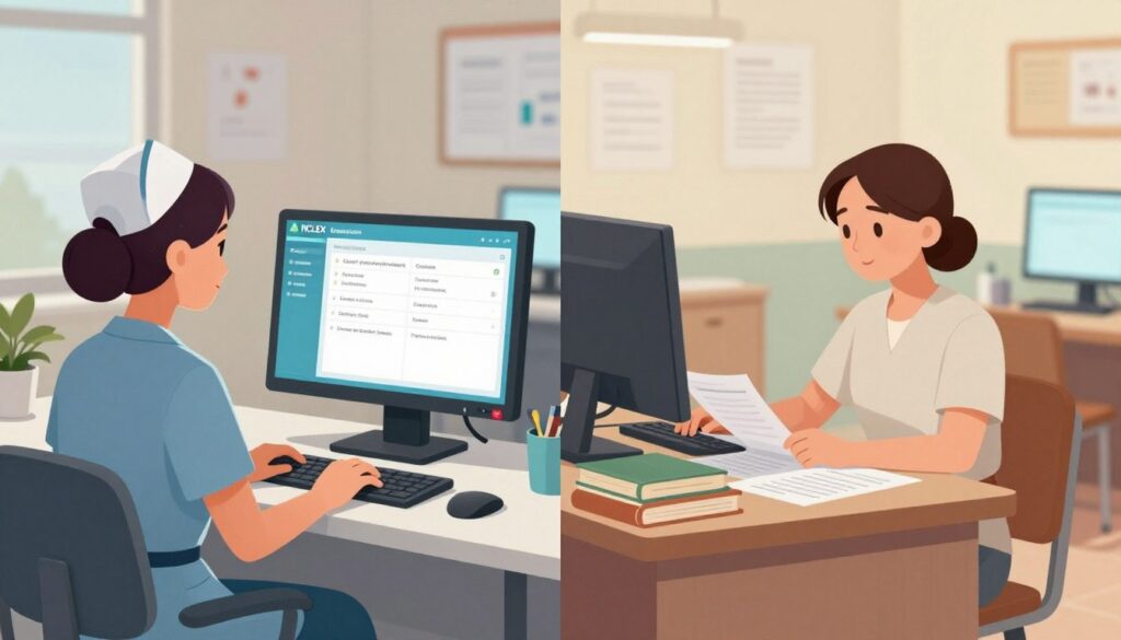 A split-screen illustration depicting the key differences between the Next Gen NCLEX and the traditional NCLEX. In the foreground, on the left, a modern exam room with a nurse wearing professional business attire, seated at a computer, engaging with a digital interface displaying new NCLEX question types like case studies and simulation scenarios. On the right, a more traditional exam room with a nurse in modest casual clothing, sitting at a desk filled with paper-based exams and textbooks, evoking a nostalgic feel. In the background, soft lighting creates a focused, educational atmosphere, while a dynamic color palette emphasizes the progressive nature of the Next Gen NCLEX. The composition should convey a sense of innovation and evolution in nursing examination methodologies.