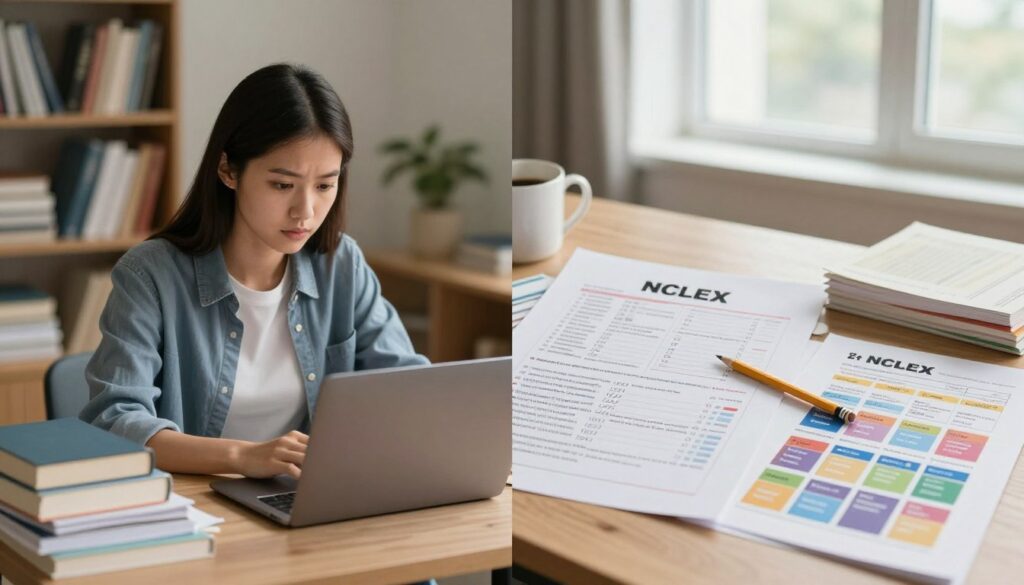 A split-screen image contrasting the difficulty of NCLEX and nursing school exams. In the foreground, on the left side, a focused nursing student sits at a study desk piled with textbooks, notes, and a laptop, wearing professional casual attire. Her expression reflects determination and concentration. The middle layer features a large NCLEX test paper on a desk, surrounded by a pencil and a coffee mug, conveying the pressure of the exam. On the right side, nursing school exam materials like flashcards and colorful study charts are scattered, illustrating the diverse topics covered. The background displays a softly lit study room, with a bookshelf filled with nursing resources and a window that casts gentle natural light, creating a calm and studious atmosphere, emphasizing the comparison in difficulty between the two educational challenges. A split-screen image contrasting the difficulty of NCLEX and nursing school exams. In the foreground, on the left side, a focused nursing student sits at a study desk piled with textbooks, notes, and a laptop, wearing professional casual attire. Her expression reflects determination and concentration. The middle layer features a large NCLEX test paper on a desk, surrounded by a pencil and a coffee mug, conveying the pressure of the exam. On the right side, nursing school exam materials like flashcards and colorful study charts are scattered, illustrating the diverse topics covered. The background displays a softly lit study room, with a bookshelf filled with nursing resources and a window that casts gentle natural light, creating a calm and studious atmosphere, emphasizing the comparison in difficulty between the two educational challenges.