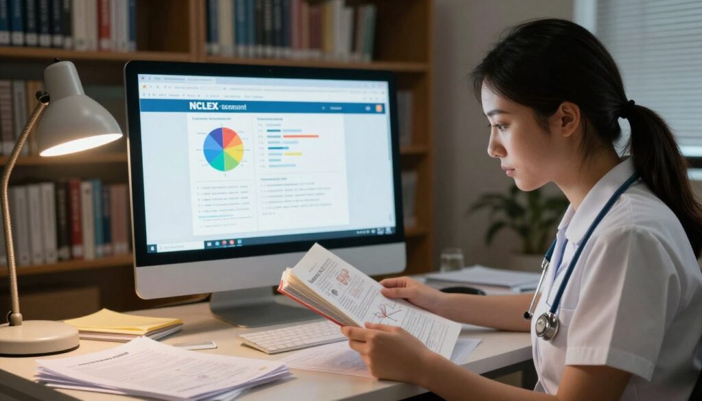 A split-screen image illustrating the contrast between the NCLEX exam and nursing school tests. In the foreground, a focused nursing student in professional attire, sitting at a study desk, closely examining a thick textbook filled with medical illustrations. Papers and study notes are scattered around. The middle section shows a large desktop computer screen displaying an NCLEX-style question, with colorful graphs and critical thinking scenarios. In the background, a dimly lit library with shelves filled with nursing textbooks adds depth, while a soft, warm light from a desk lamp creates an inviting study atmosphere. The overall mood conveys determination and focus, highlighting the intensity of preparing for both types of exams. A split-screen image illustrating the contrast between the NCLEX exam and nursing school tests. In the foreground, a focused nursing student in professional attire, sitting at a study desk, closely examining a thick textbook filled with medical illustrations. Papers and study notes are scattered around. The middle section shows a large desktop computer screen displaying an NCLEX-style question, with colorful graphs and critical thinking scenarios. In the background, a dimly lit library with shelves filled with nursing textbooks adds depth, while a soft, warm light from a desk lamp creates an inviting study atmosphere. The overall mood conveys determination and focus, highlighting the intensity of preparing for both types of exams.
