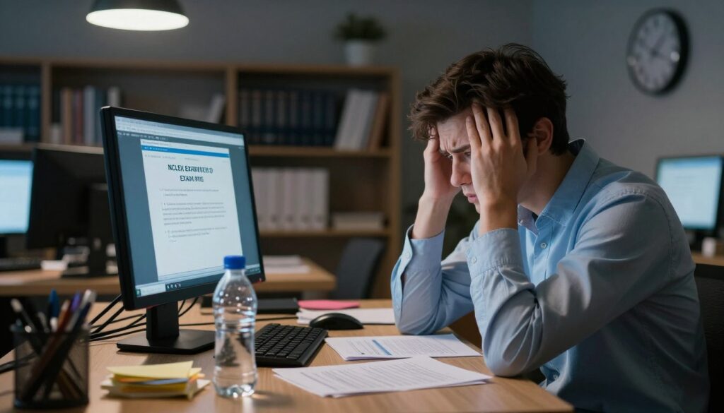 A stressed test-taker sitting at a computer in a dimly lit examination room, showing visible signs of frustration. The monitor screen flickers, displaying an error message about technical difficulties during the NCLEX exam. In the foreground, a half-empty water bottle and scattered notes convey the preparation effort. The middle ground features the test-taker in professional attire, looking anxious and confused, with hands on the head and papers spread around. The background includes blurred shelves filled with nursing textbooks and a softly illuminated clock showing that time is running out. Soft overhead lighting casts a focused glow on the desk area, heightening the tension of the scene and emphasizing the urgent atmosphere of the moment. A stressed test-taker sitting at a computer in a dimly lit examination room, showing visible signs of frustration. The monitor screen flickers, displaying an error message about technical difficulties during the NCLEX exam. In the foreground, a half-empty water bottle and scattered notes convey the preparation effort. The middle ground features the test-taker in professional attire, looking anxious and confused, with hands on the head and papers spread around. The background includes blurred shelves filled with nursing textbooks and a softly illuminated clock showing that time is running out. Soft overhead lighting casts a focused glow on the desk area, heightening the tension of the scene and emphasizing the urgent atmosphere of the moment.